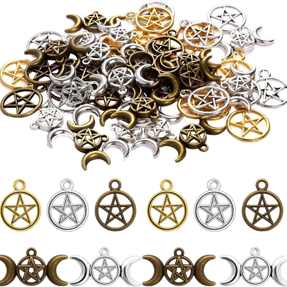 Alloy Pentagram Moon Charms 50PCS - Pentacle Star Pendant Lucky Witch Celestial